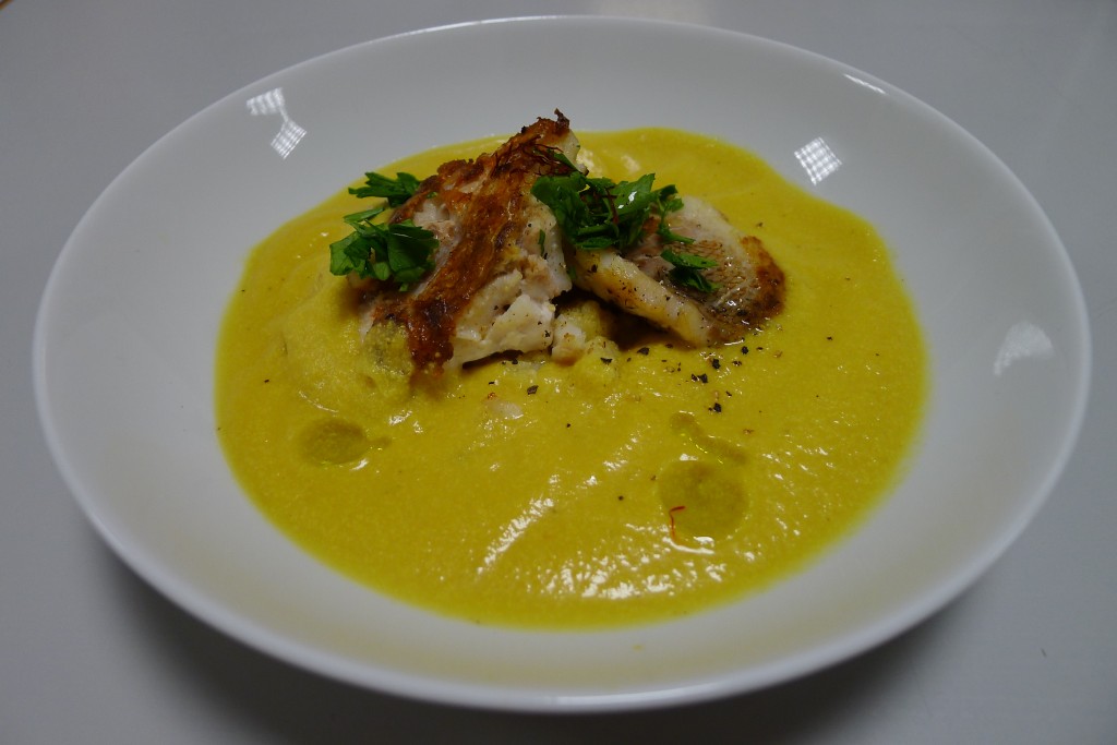 rødfisk i blomkålssuppe